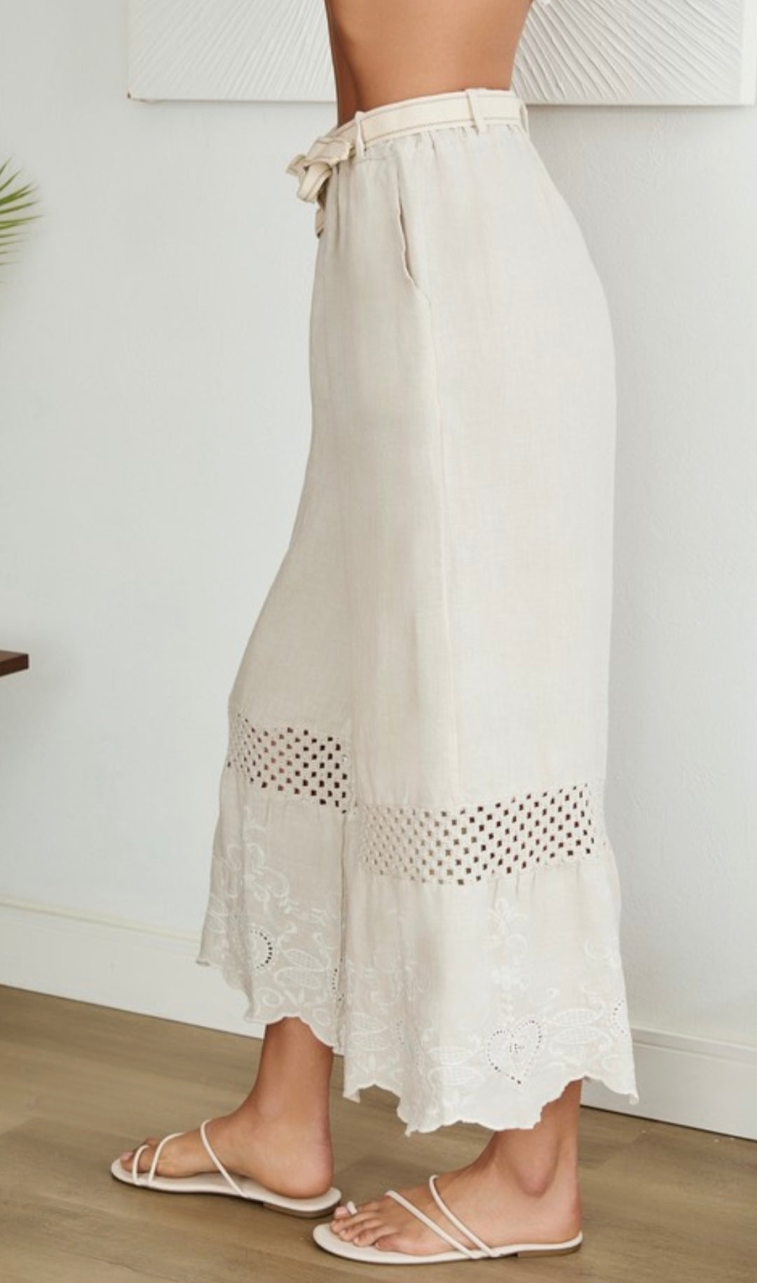 Lace Detail Wide Linen Pant