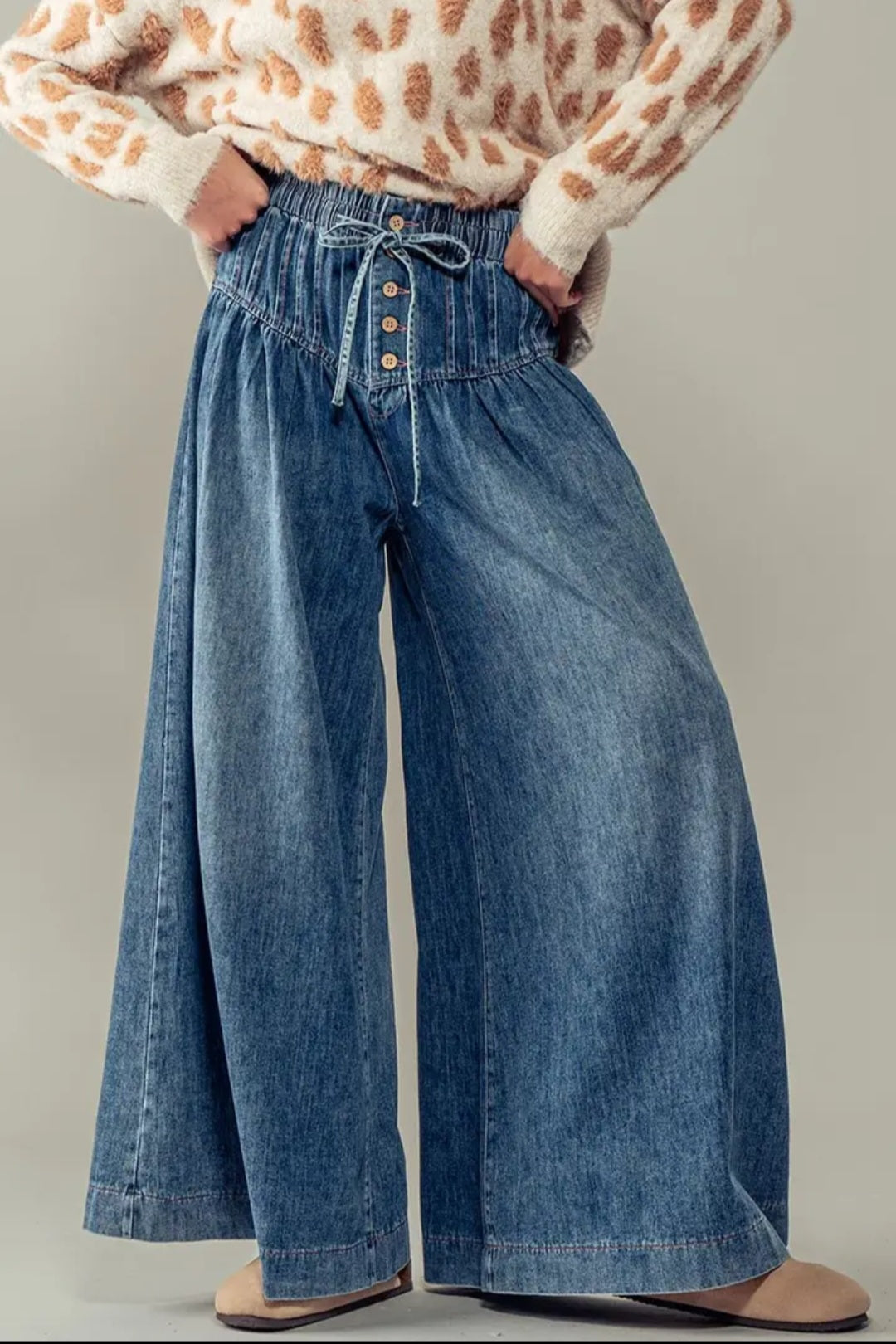 Pleated Wide Leg Denim Pants