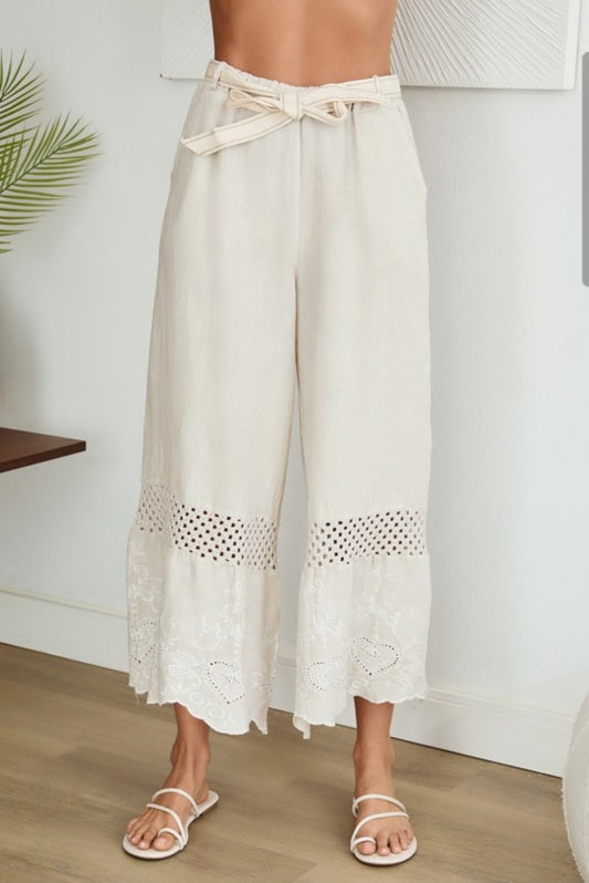 Lace Detail Wide Linen Pant