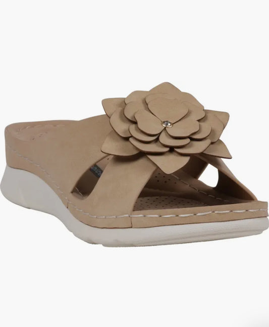 Tan Flower Slide Sandal