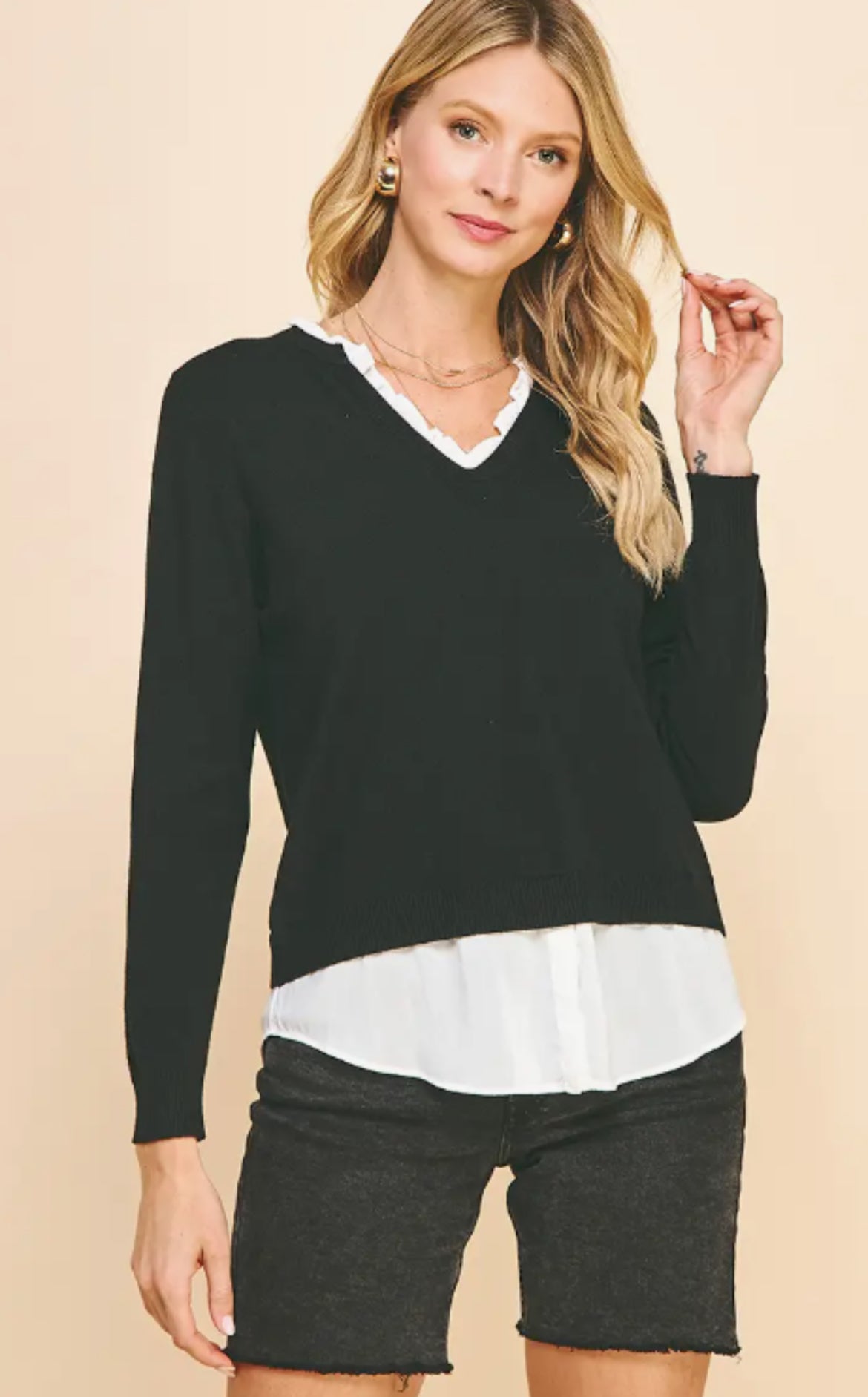 V-Neck Knit Woven Combo Top